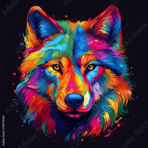 Colorful Wolf Portrait on Black Background