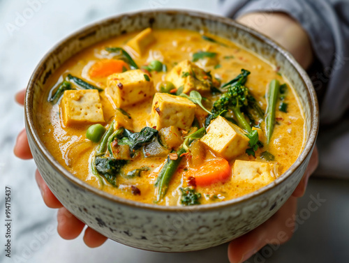 Obraz na płótnie A bowl of soup with vegetables and tofu. The soup is orange and has a creamy texture. The person holding the bowl is smiling, indicating that they are enjoying the meal w salonie