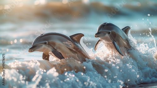 Dolphins frolicking in the waves, sunlit ocean, whimsical, overlay, tropical beach backdrop photo