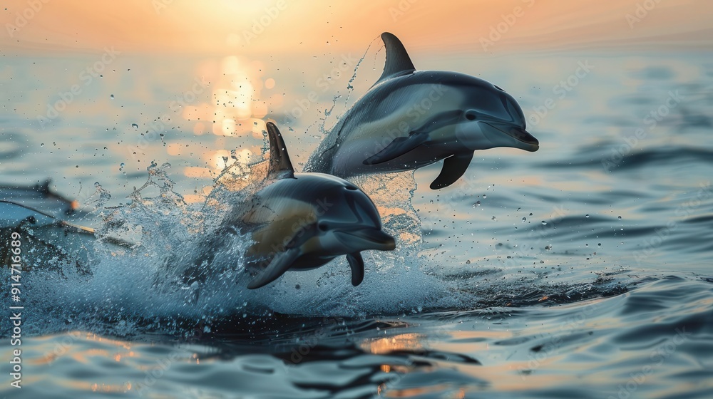Fototapeta premium Dolphins jumping near boat, water splashing, dynamic, silhouette, coastal backdrop