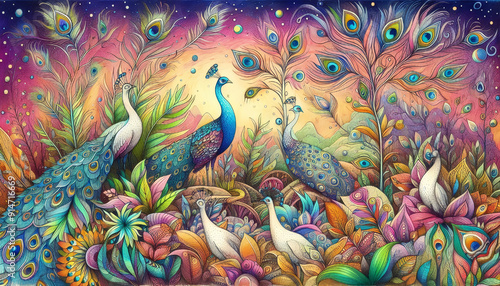 A fantasy hand-drawn peacock world with whimsical plants, surreal colors, dreamlike atmosphere, imaginative landscape, detailed feathers, artistic expression, and magical realism
