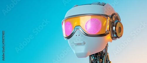 Futuristic robot head with colorful goggles and headphones, representing advanced technology and innovation in artificial intelligence. photo