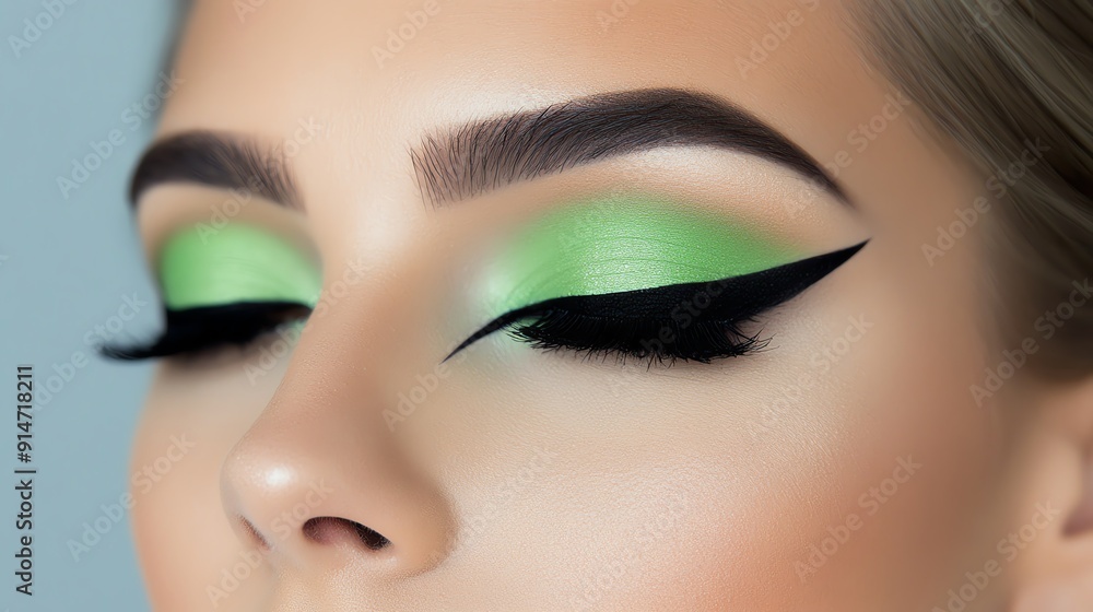 © TEERAWAT - Close-up of stunning eye makeup featuring bold green and black eyeliner. Perfect for beauty and fashion inspiration.
