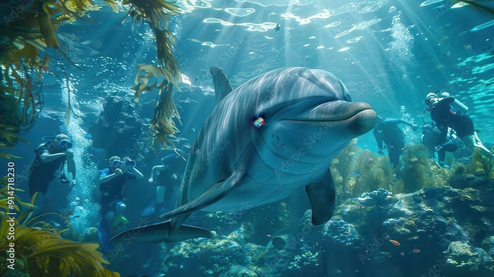 Fototapeta premium Playful dolphins swimming near snorkelers, underwater paradise, futuristic, blend mode, kelp forest backdrop