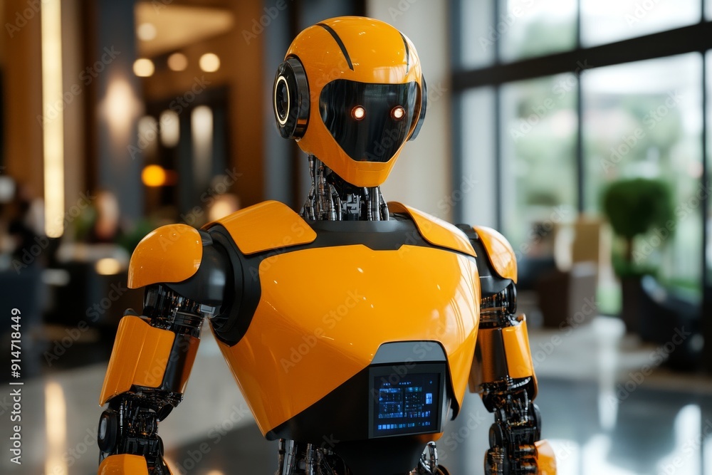 Bright yellow service robot in a modern office illustrating robotics application in daily tasks Bright yellow service robot in a modern office illustrating robotics application in daily tasks