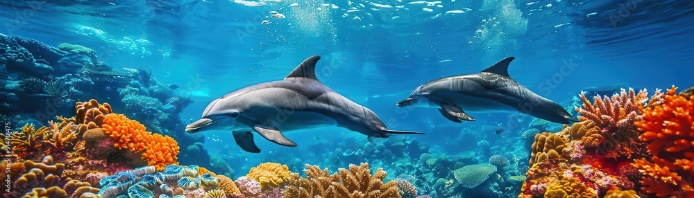 Fototapeta premium Snorkeling with dolphins, underwater adventure, vibrant, blend mode, coral reef backdrop