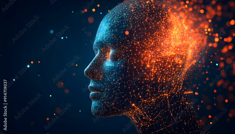 Abstract human face illustration in 3D, depicting a head constructed from cubes and triangles, representing artificial intelligence Abstract human face illustration in 3D, depicting a head constructed from cubes and triangles, representing artificial intelligence
