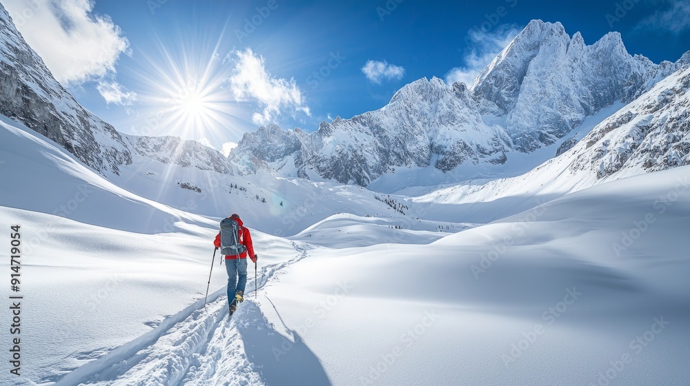Hiker trekking through snowy mountain landscape in winter Hiker trekking through snowy mountain landscape in winter