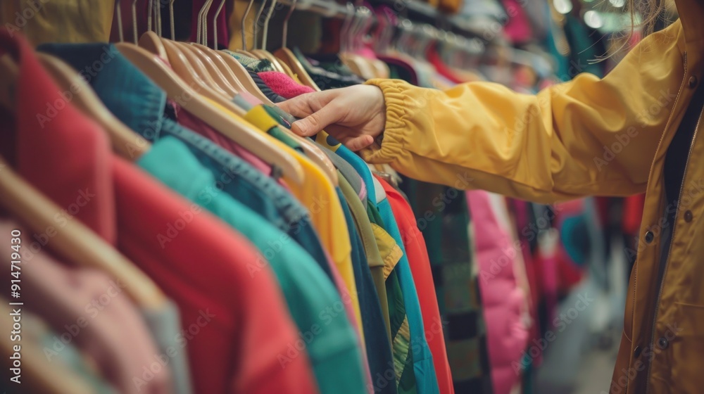 Obraz premium Woman's hand reaching for a colorful item of clothing hanging on a rack.