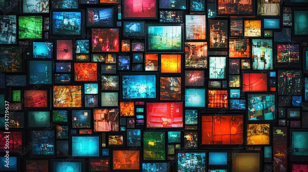 A multitude of television screens displays vivid scenes and colors, creating an eye-catching urban collage at night A multitude of television screens displays vivid scenes and colors, creating an eye-catching urban collage at night