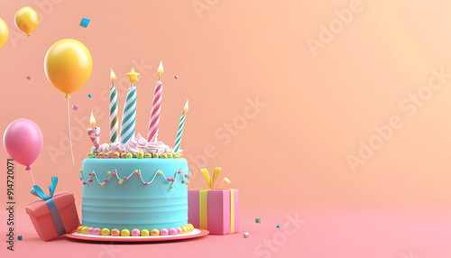 Happy birthday 3D icons featuring a birthday cake, hat, gift, and party popper. Minimal colorful design in 3D rendering.