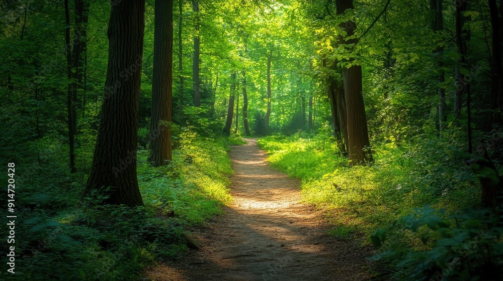 Obraz premium A serene forest trail with a canopy of vibrant green leaves