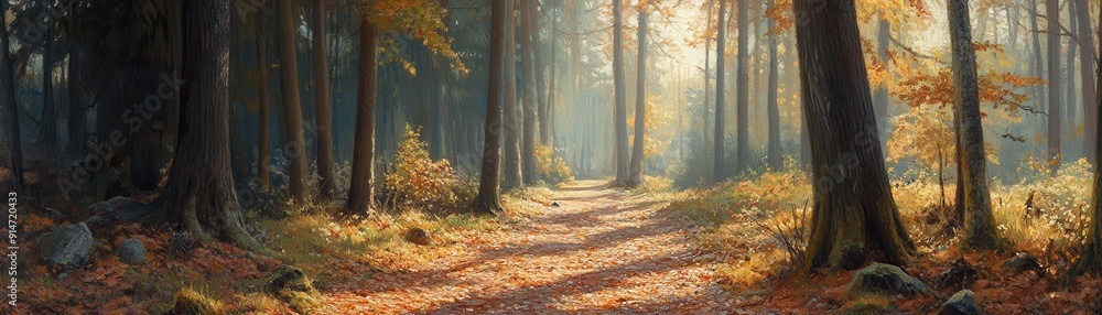 Obraz premium A tranquil forest path with fallen leaves and dappled sunlight