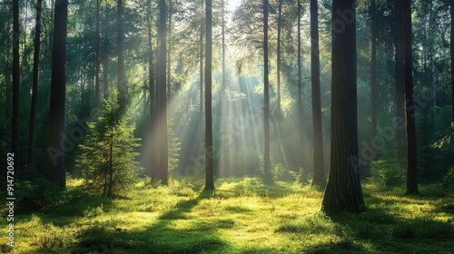 A serene forest clearing bathed in dappled sunlight with towering pine trees