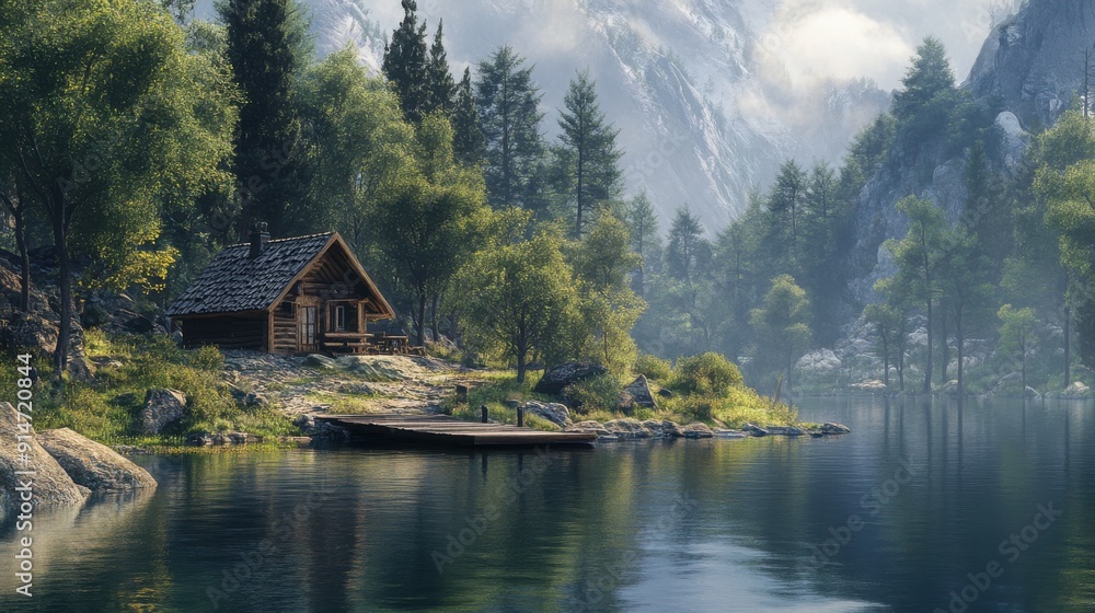 A tranquil lakeside scene with a small cabin and a dock A tranquil lakeside scene with a small cabin and a dock