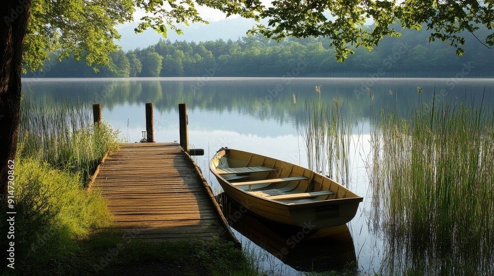 A serene lakeside view with a wooden dock and a rowboat A serene lakeside view with a wooden dock and a rowboat
