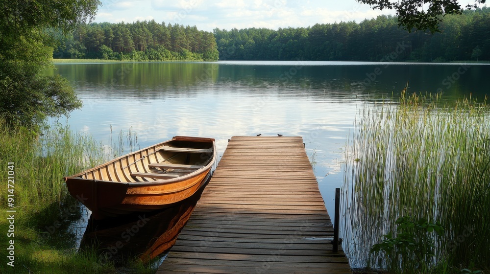 A serene lakeside view with a wooden dock and a rowboat A serene lakeside view with a wooden dock and a rowboat