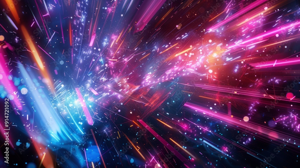 A digital abstract of vibrant neon light streaks and particles set against a dark background. A digital abstract of vibrant neon light streaks and particles set against a dark background.