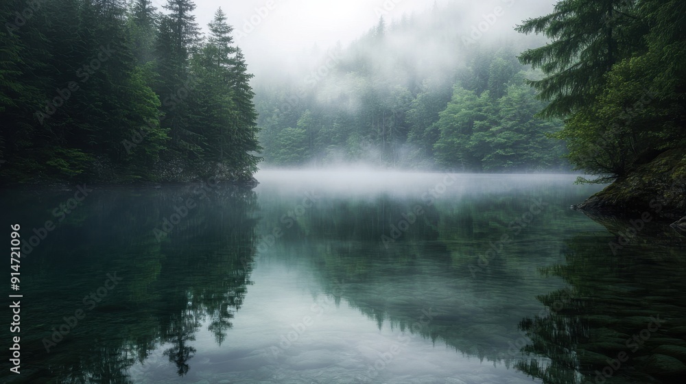 A quiet, foggy morning on a serene lake surrounded by dense forest A quiet, foggy morning on a serene lake surrounded by dense forest
