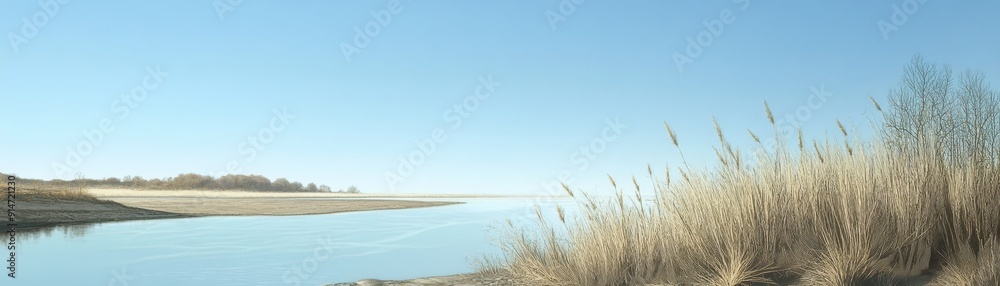 Fototapeta premium A tranquil riverbank with tall grasses and a clear blue sky