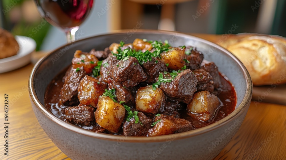 Realistic Beef Bourguignon with Bread and Wine on Wooden Table Realistic Beef Bourguignon with Bread and Wine on Wooden Table