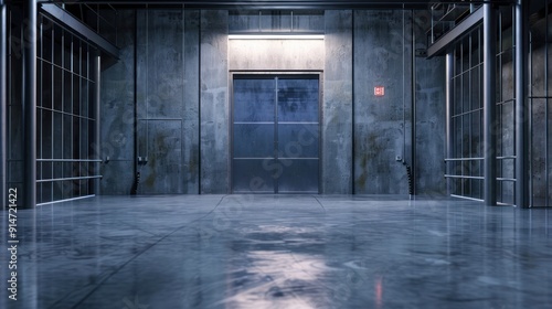 Concrete Room with Metal Bars  Door  and Fluorescent Light