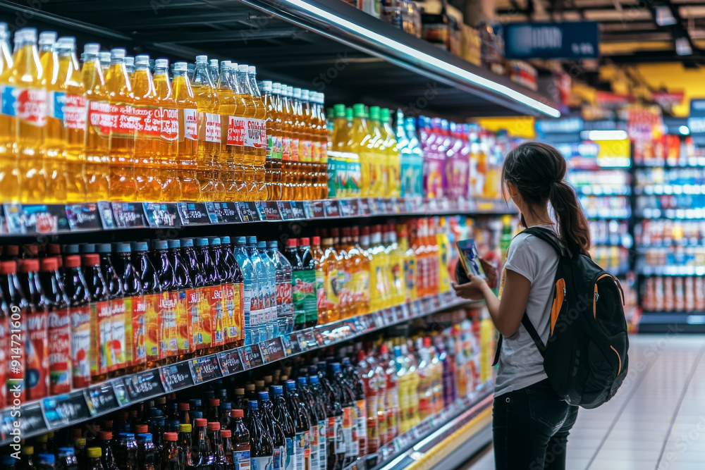 Fototapeta premium a woman is looking at a bottle of soda
