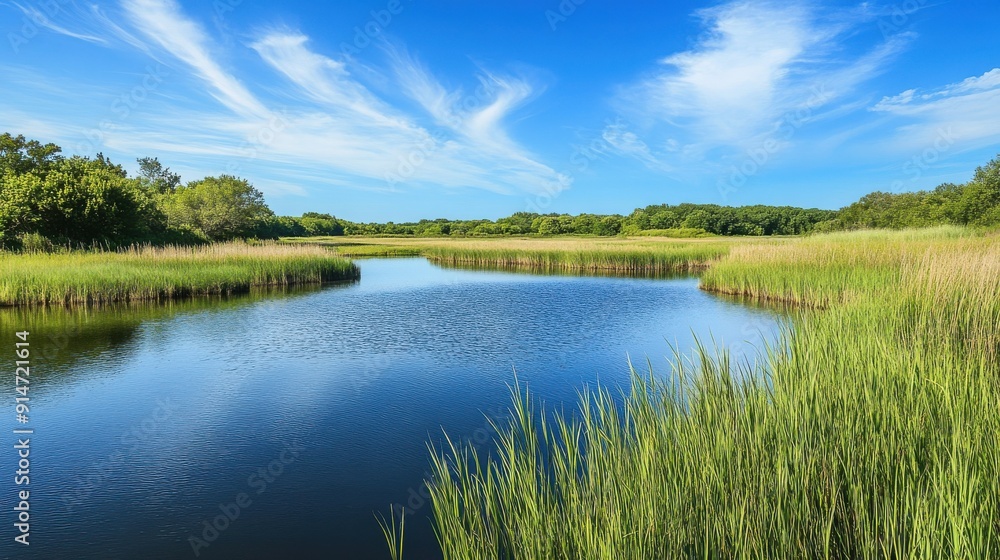 Obraz premium A tranquil riverbank with tall grasses and a clear blue sky