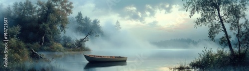 A serene lakeside scene with a rowboat and a misty morning