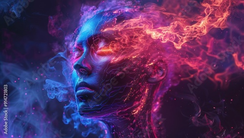 Abstract Portrait with Neon Lights and Smoke