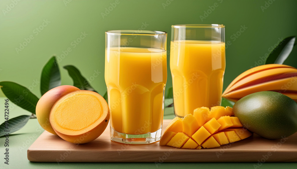 Fototapeta premium Two glasses of fresh mango juice with mangoes and leaves on a wooden board