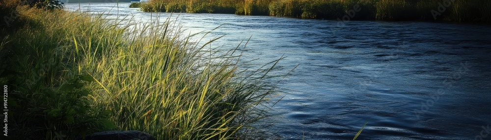 A serene riverbank with tall grasses and a gentle current A serene riverbank with tall grasses and a gentle current
