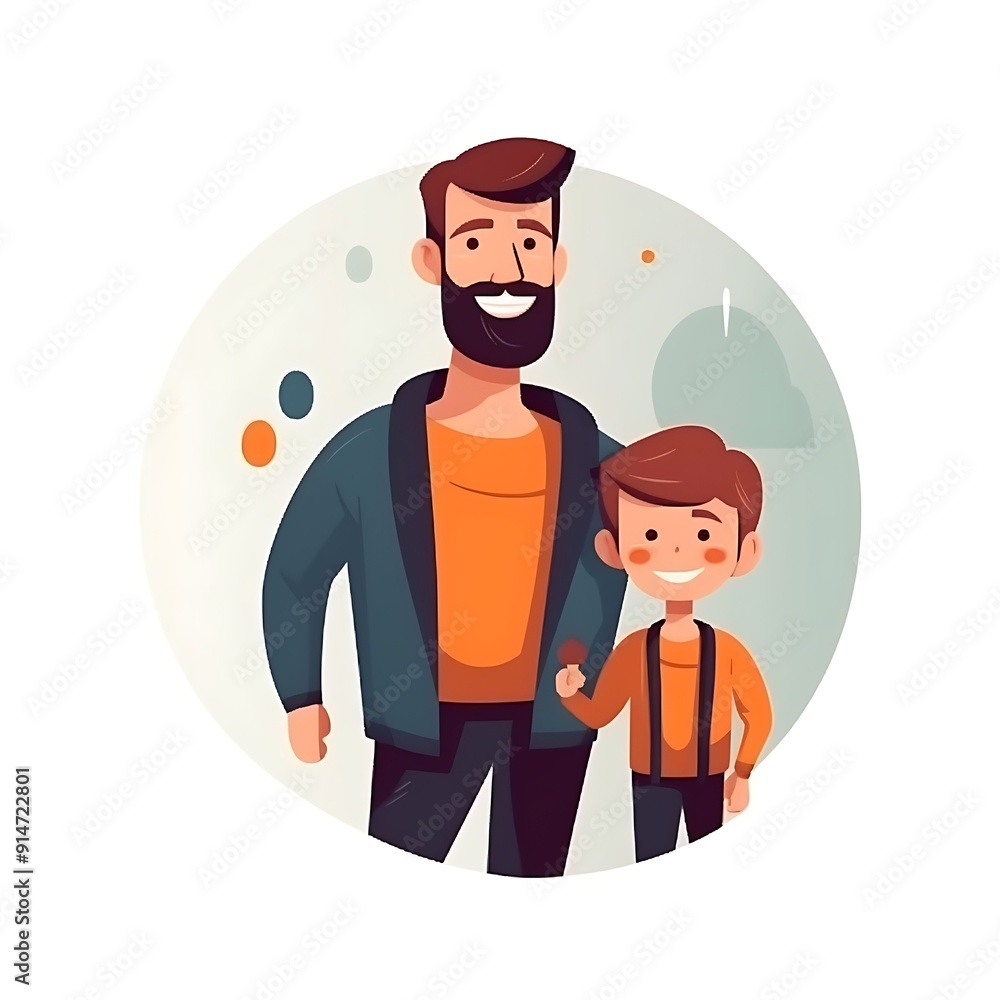 Smiling Father and Son Stand Together in Cartoon Illustration Smiling Father and Son Stand Together in Cartoon Illustration