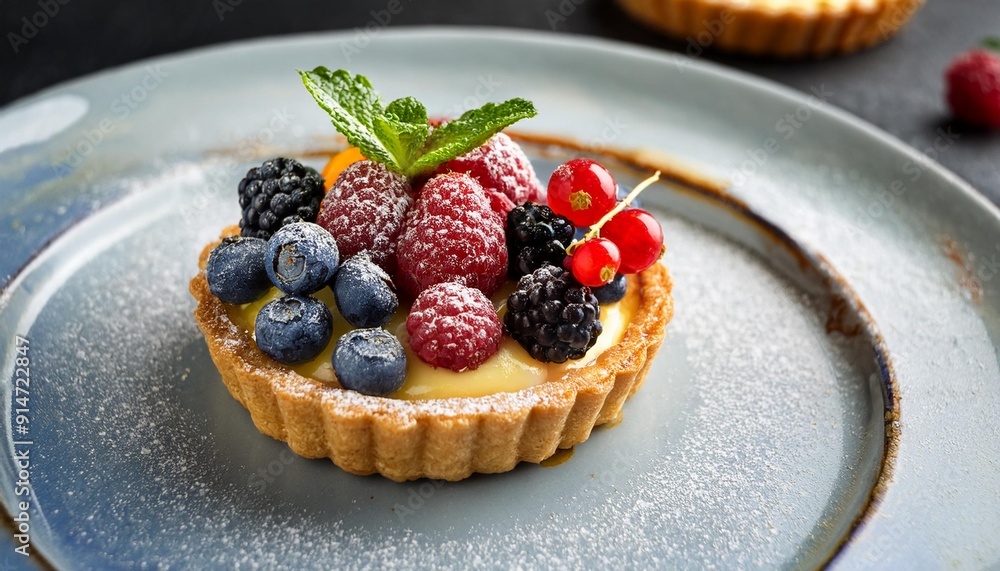 A vibrant fruit tartlet with a golden, flaky crust, filled with creamy pastry cream. Topped with juicy red currants, glossy blueberries, raspberry, mandarin slices, kiwi, and gooseberries, all coated A vibrant fruit tartlet with a golden, flaky crust, filled with creamy pastry cream. Topped with juicy red currants, glossy blueberries, raspberry, mandarin slices, kiwi, and gooseberries, all coated