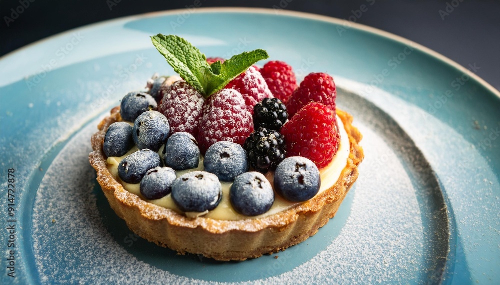 A vibrant fruit tartlet with a golden, flaky crust, filled with creamy pastry cream. Topped with juicy red currants, glossy blueberries, raspberry, mandarin slices, kiwi, and gooseberries, all coated A vibrant fruit tartlet with a golden, flaky crust, filled with creamy pastry cream. Topped with juicy red currants, glossy blueberries, raspberry, mandarin slices, kiwi, and gooseberries, all coated