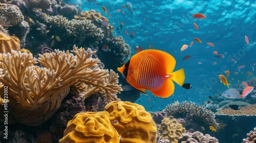 Wallpaper Mural A vibrant orange butterflyfish swims amidst coral and other fish in a clear blue ocean. Torontodigital.ca