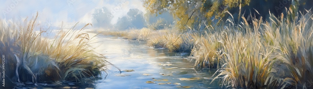 Obraz premium A serene riverbank with tall grasses and a gentle current
