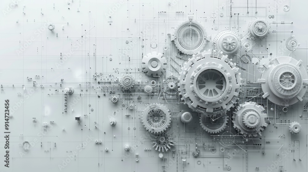 Obraz premium Digital Tech Evolution: Gray Gears and Technology Elements on Abstract White Background with Generative AI Concept