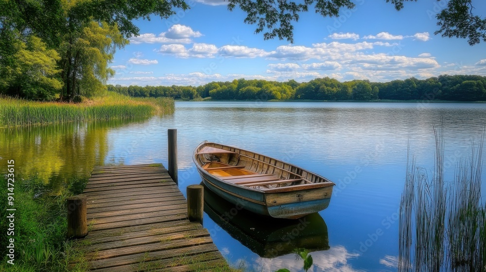 A serene lakeside view with a wooden dock and a rowboat A serene lakeside view with a wooden dock and a rowboat