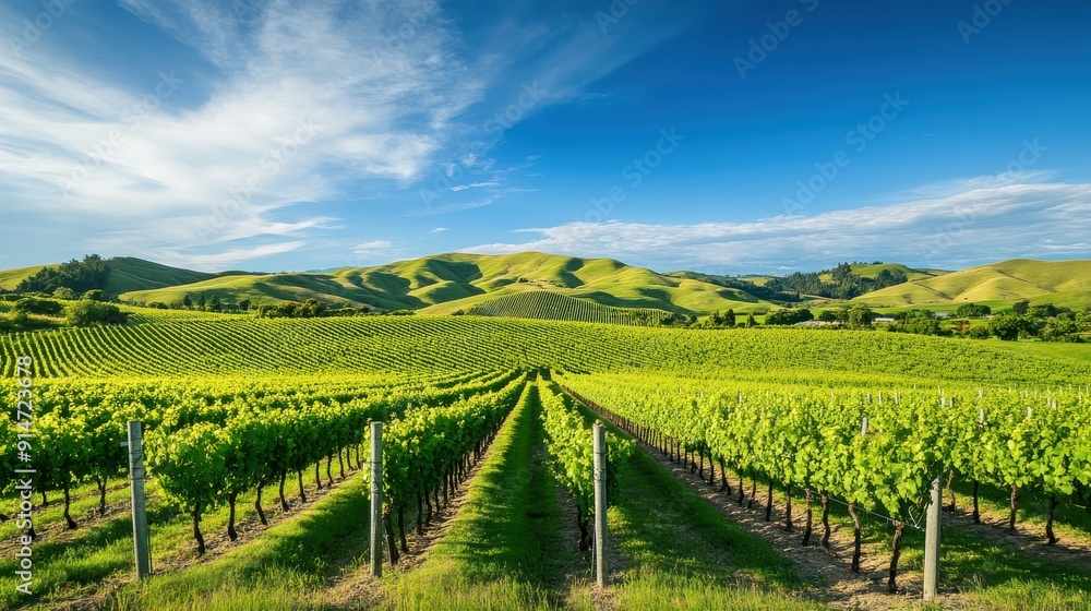 A picturesque vineyard with rolling hills and a bright blue sky A picturesque vineyard with rolling hills and a bright blue sky