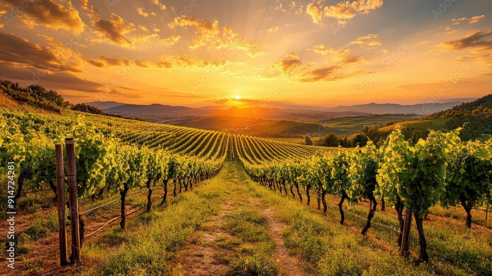A picturesque vineyard at sunset with rows of grapevines and a golden sky A picturesque vineyard at sunset with rows of grapevines and a golden sky
