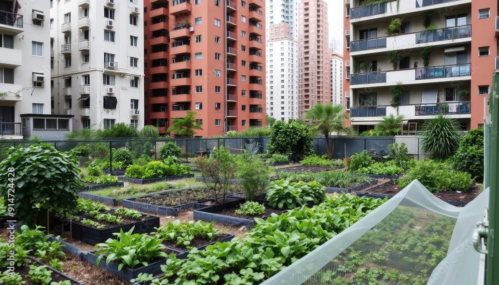 Urban Rooftop Garden with Apartment Buildings in the Background. Urban Rooftop Garden with Apartment Buildings in the Background.