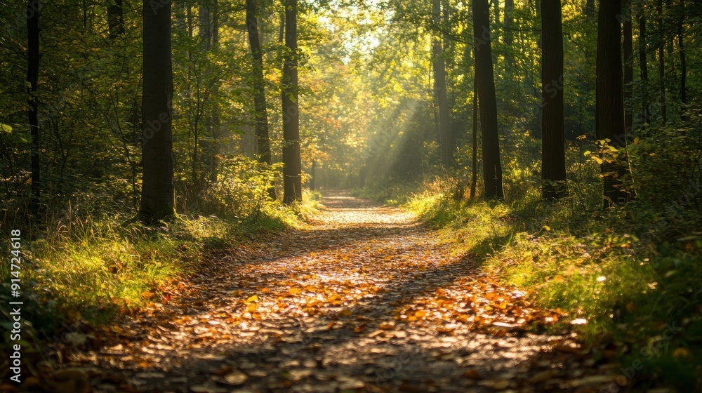 A tranquil forest path with fallen leaves and dappled sunlight A tranquil forest path with fallen leaves and dappled sunlight