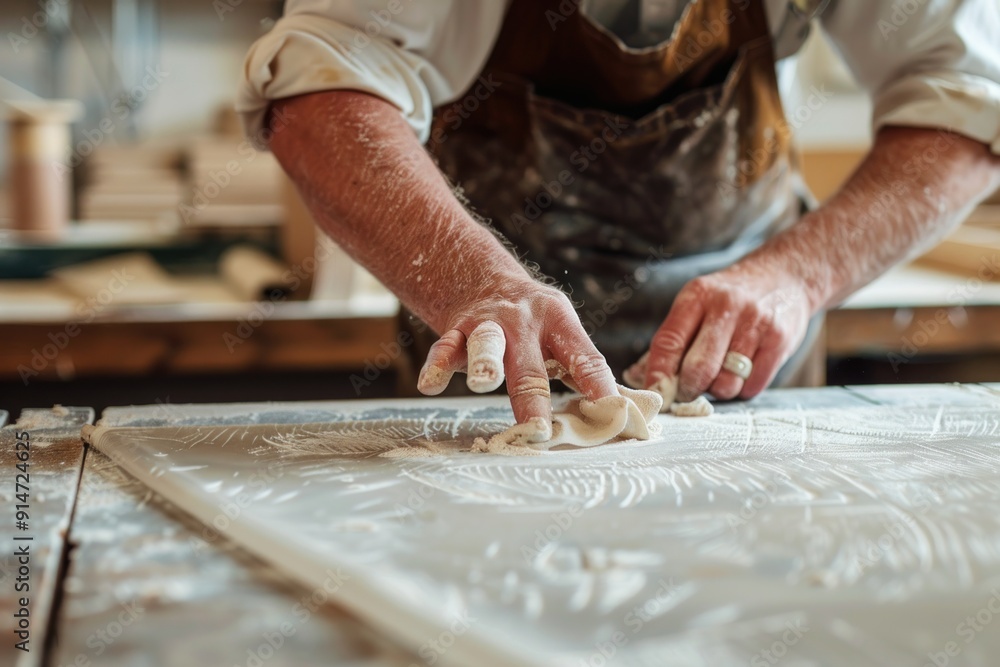 Close-up of a craftsman's hands working with white powder on a wooden surface.