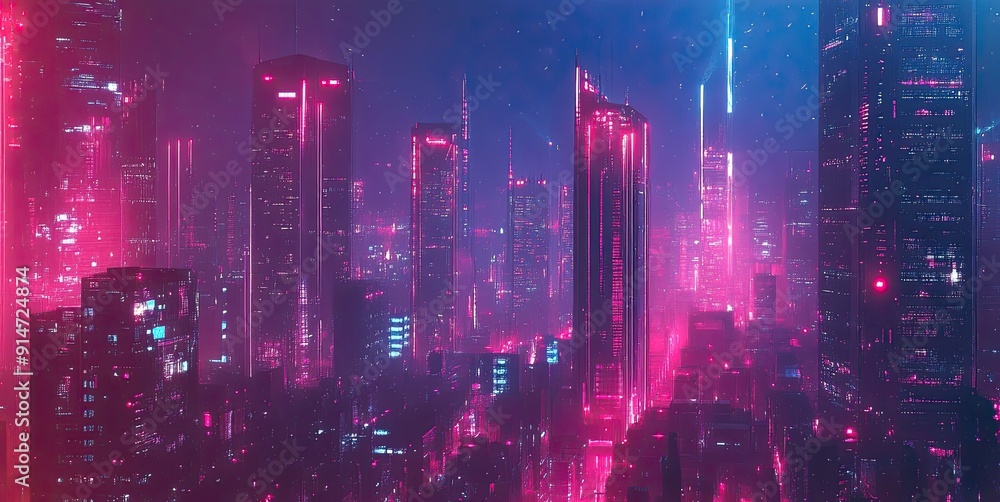Neon-lit skyscrapers in a futuristic city at night Neon-lit skyscrapers in a futuristic city at night