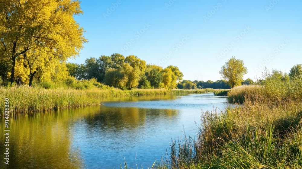 Fototapeta premium A tranquil riverbank with tall grasses and a clear blue sky