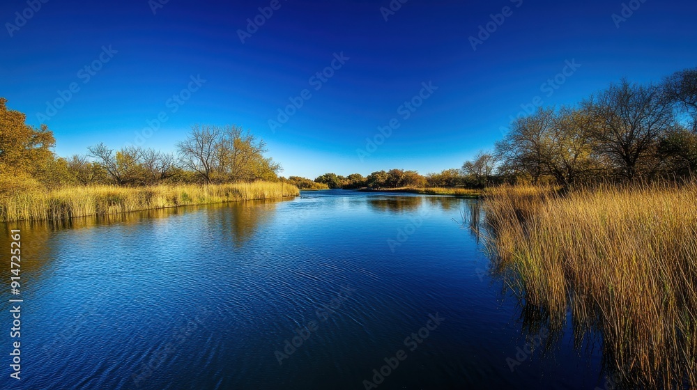 A tranquil riverbank with tall grasses and a clear blue sky A tranquil riverbank with tall grasses and a clear blue sky