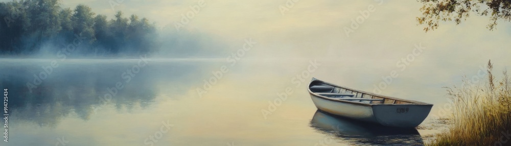 A serene lakeside scene with a rowboat and a misty morning A serene lakeside scene with a rowboat and a misty morning
