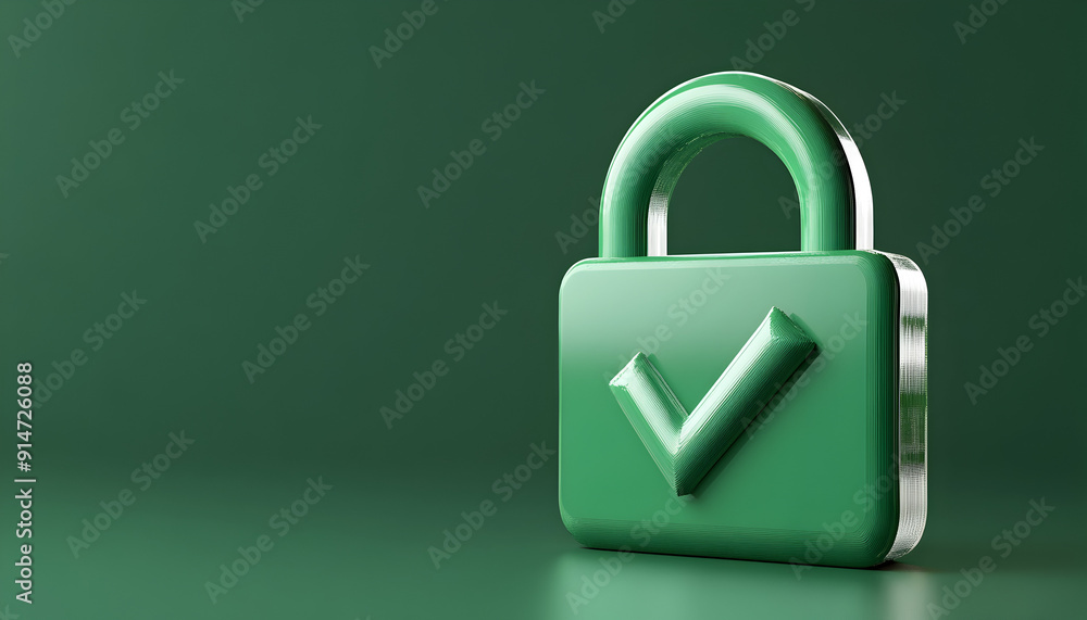 Padlock icon with a green check symbol, 3D-rendered illustration on a green background. Padlock icon with a green check symbol, 3D-rendered illustration on a green background.