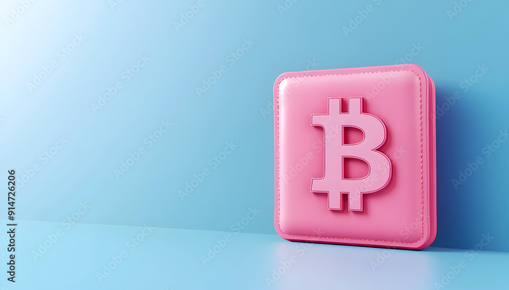 Pink cryptocurrency wallet icon with a Bitcoin symbol, set against a blue background. Minimalist 3D illustration for mining and payment concepts. Pink cryptocurrency wallet icon with a Bitcoin symbol, set against a blue background. Minimalist 3D illustration for mining and payment concepts.